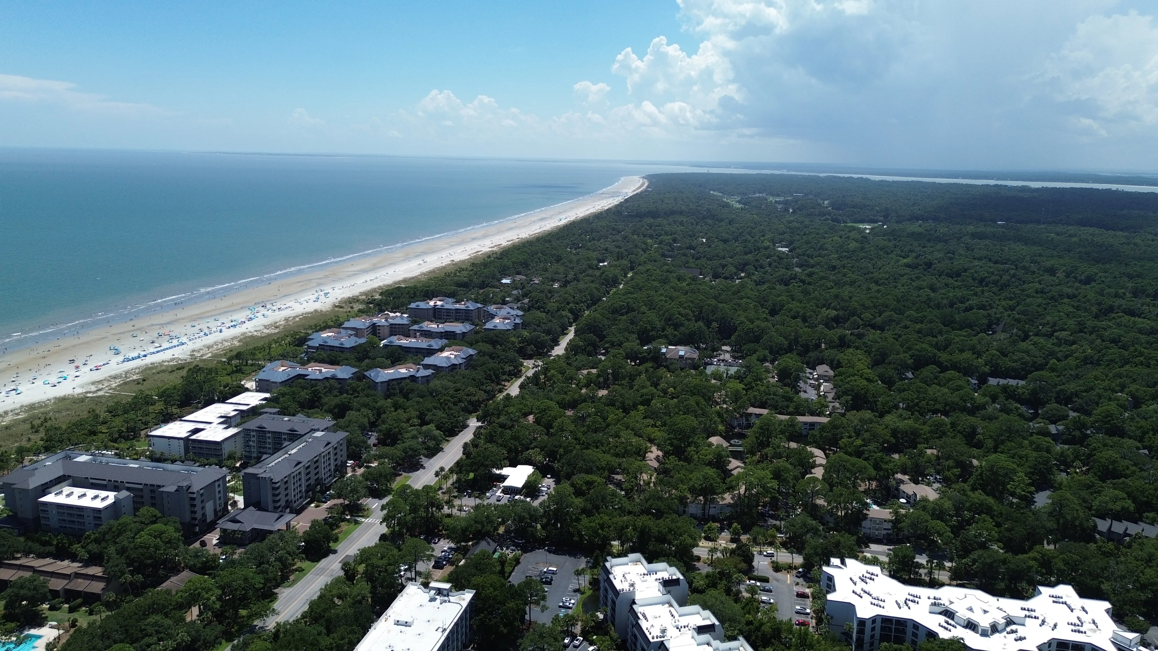 Aerial view of Hilton Head with the beach on one side and dense green trees on the other.