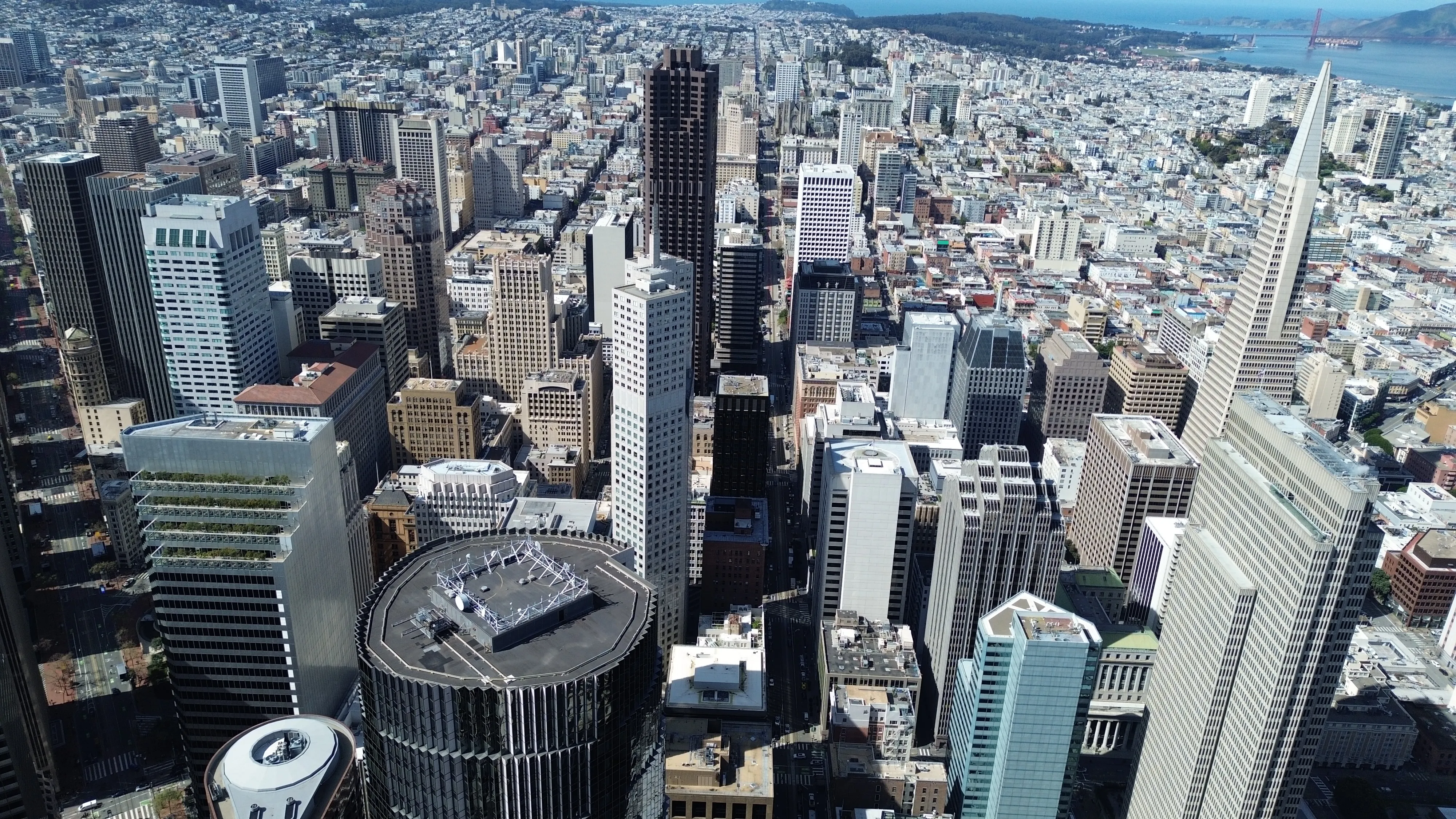 Downtown San Francisco skyline viewed from above with dense high-rises and the Transamerica Pyramid.